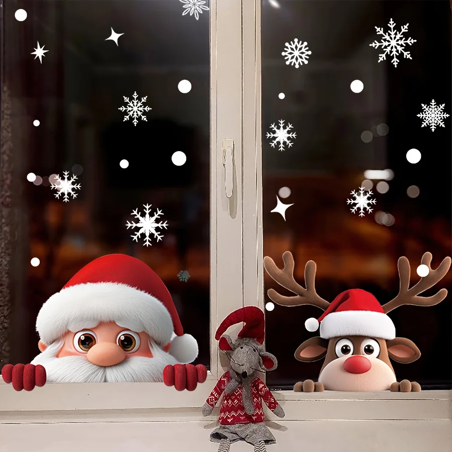 2 Sheets of cute Christmas window stickers, Room decorations, Including Santa Claus, Reindeer, and snowflakes