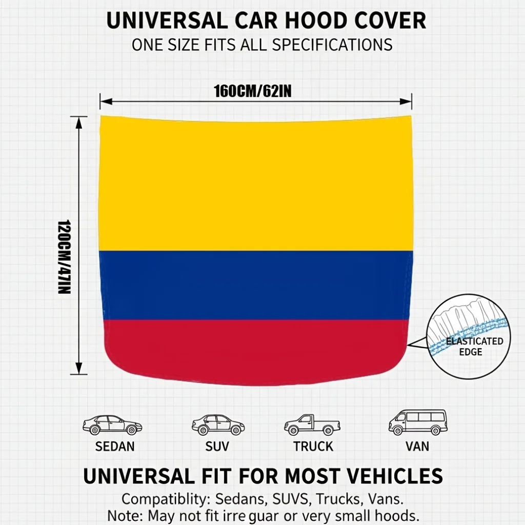 Colombia Flag Hood Cover for Car | 62 x 47in Stretchable Polyester Spandex Hood Protector for Car SUV & Truck. Car Accessories