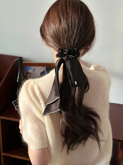 Koreańska kobieta duże eleganckie jedwabne gumki opaska do włosów czarna satynowa kokardka gumki do włosów gumki damskie kucyk trzymaj akcesoria do włosów