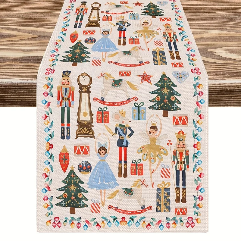 Christmas 1pc, Watercolor Nutcracker Christmas Table Runner,Seasonal Winter Holiday Kitchen Table Decorations, Sui