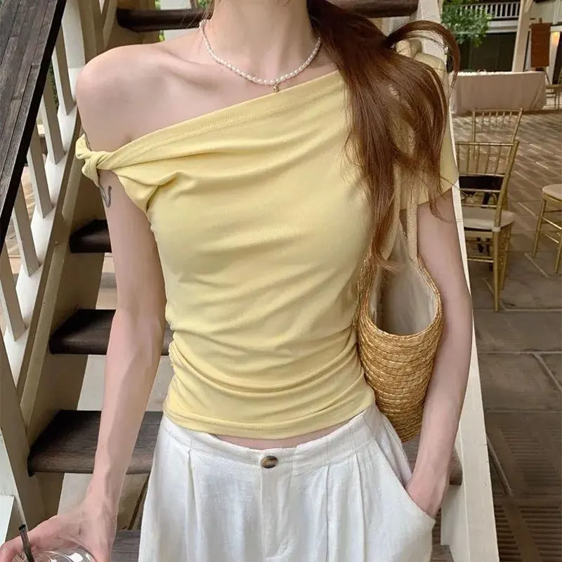 

Women's Clothing Slash Neck Knot Slim T-shirts Fashion Off Shoulder Summer Short Sleeve Basic Solid Color Korean Aura Pullovers