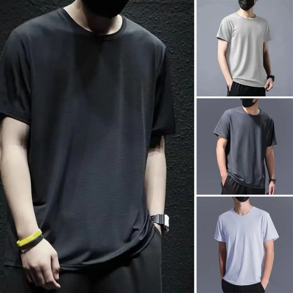 Men Summer T-shirt Quick Dry Mesh Thin Stretchy Round Neck Short Sleeves Solid Color Soft Breathable Loose Mid Length Casual Dai