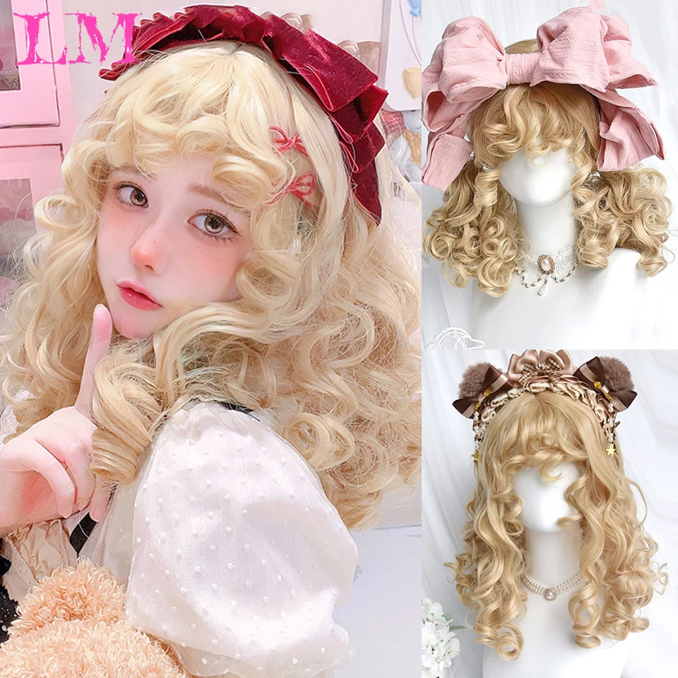 LM Light Blonde Bob Wave Synthetic Wig Short Ginger Yellow Hair Wigs with Bangs for Women Natural Lolita Daily Fake Hair Party W