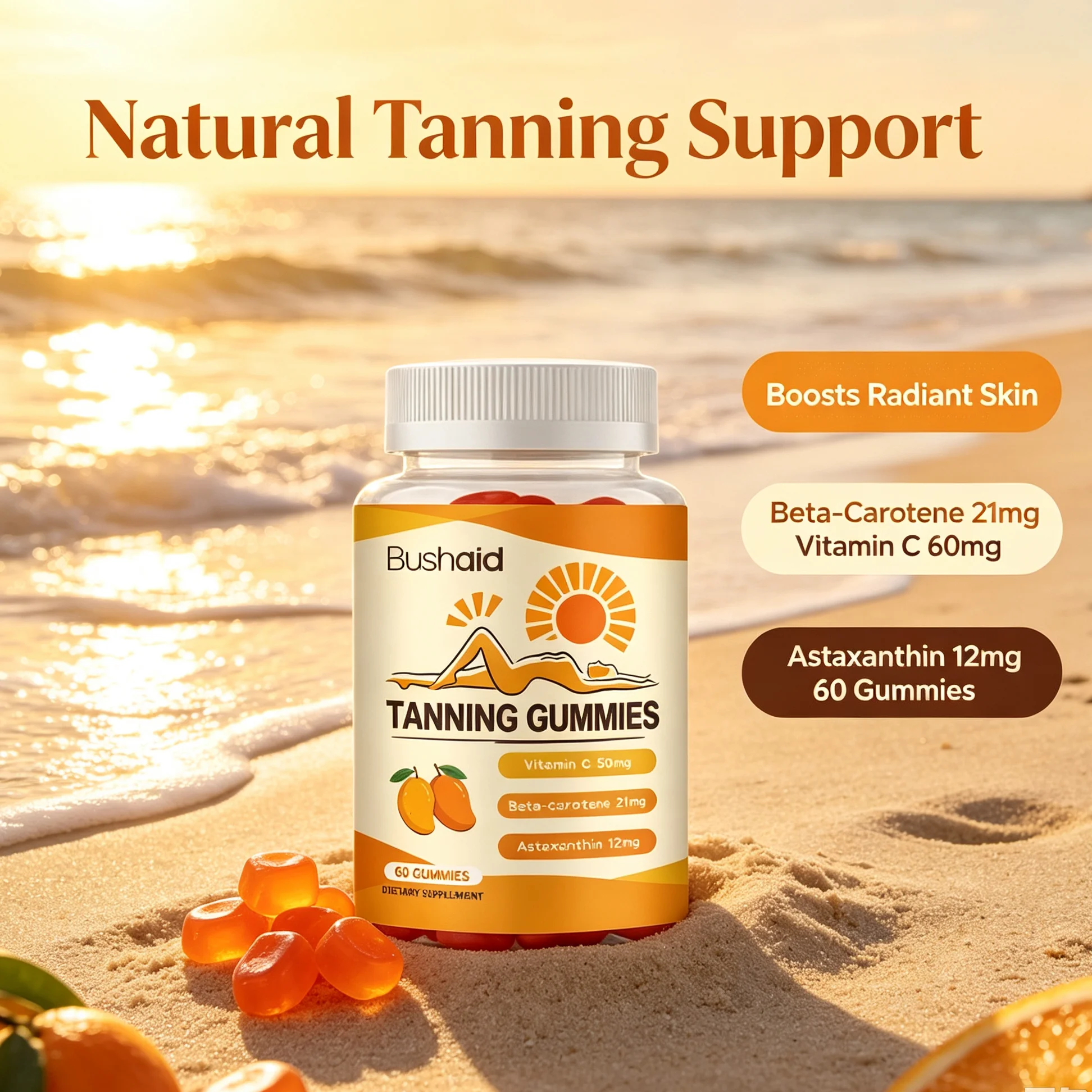 Vegan Tanning Gummies Vitamin C Lycopene Skin Tanning Supplement Support Even Sunless Tan Glow Healthy Radiant Complexion