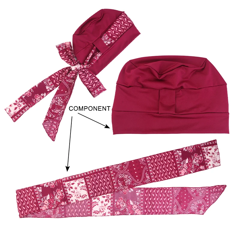Neue zweiteilige muslimische Stretch-Turbane für Frauen, vorgebundene Kopftücher, Bandanas, Kopftuch für Krebspatienten und Haarausfall, Kopfwickel, Stretch-Hijabs – Detail 7