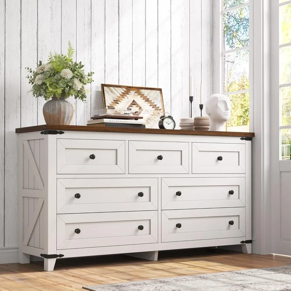 

Wood Dresser with 7 Drawers White Dresser with Smooth Metal Rail Long Dressers & Chests of Drawers Farmhouse Dresser