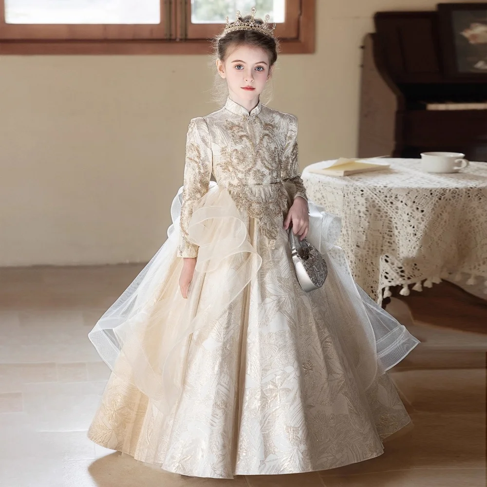 Golden Beaded Appliques Kids Princess Gown For Birthday Party 2027 New Exquisite High Neck Long Sleeve Girls Dress Host Costumes