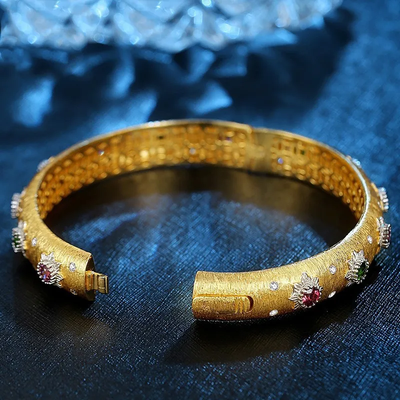 925 Sterling Silver Electroplated 18K Gold Court Women's Bracelet with Wire Drawing, Luxury Silver-Gilded Gemstone High-end Mini