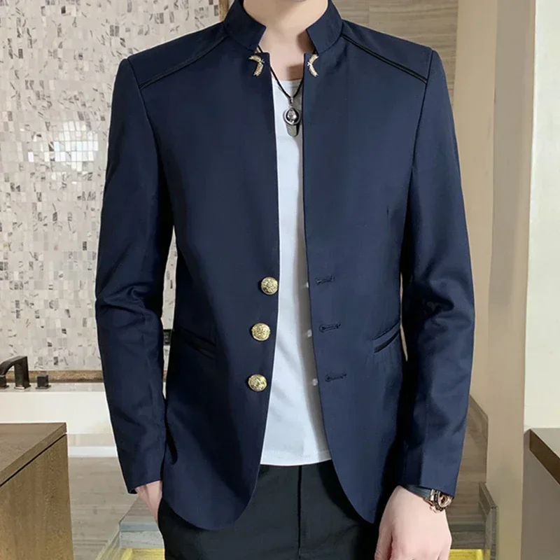 

Fashion Solid Men Blazer Stand Collar Elegant Groom Business Casual One Piece Tailored Slim Prom Wedding Blazer Only 1 Jacket