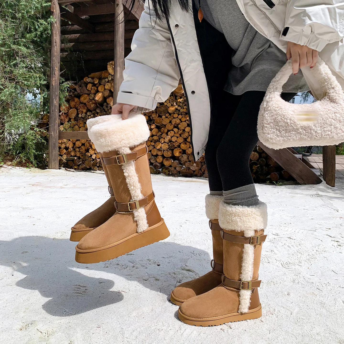 المرأة الجمل شيرلينغ مبطن أحذية الثلوج مشبك ديكور منتصف العجل الأحذية الدافئة مقاوم للماء عدم الانزلاق منصة الأحذية لفصل الشتاء في الهواء الطلق #1