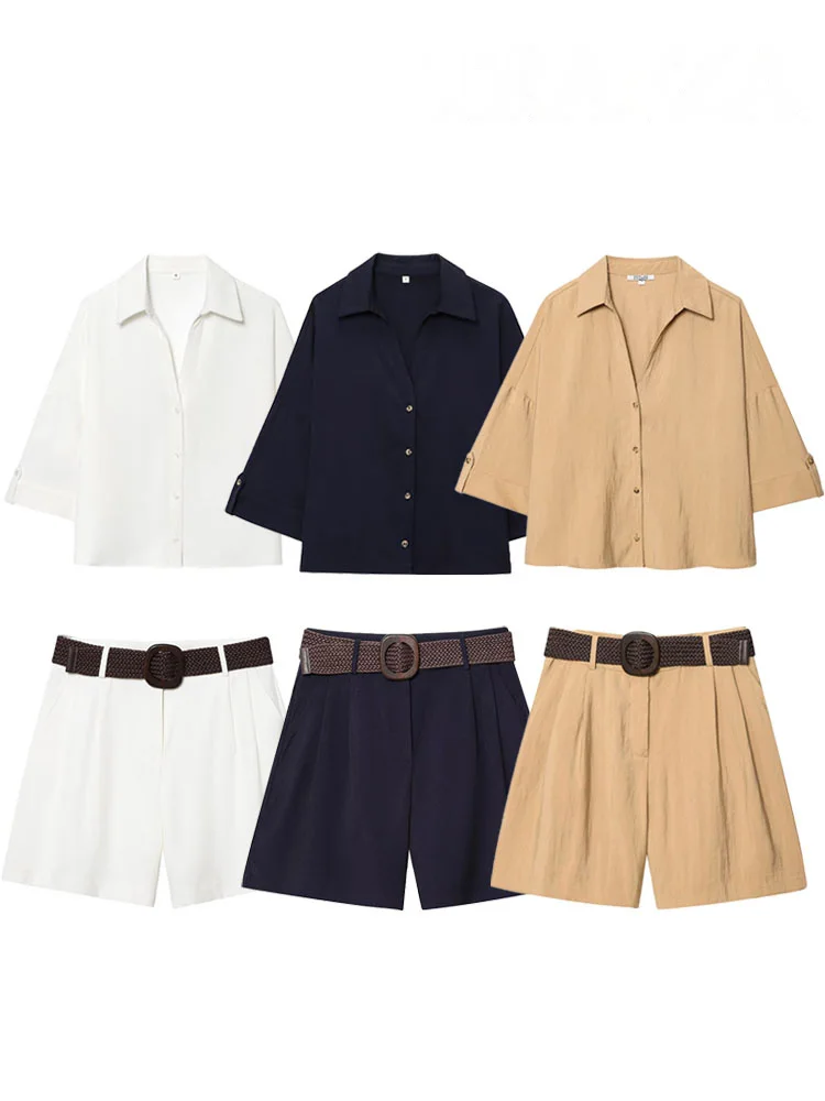 HH Women Elegant Turn-Down Collar Single-Breasted Shirts Top+Chic Mid Waist Belt Decoration Zipper Casual Shorts 2-Piece Set