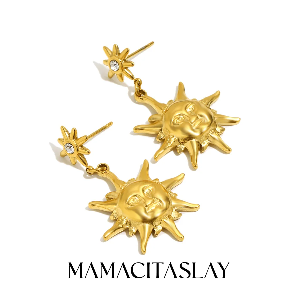 MamacitaSlay 316L Stainless Steel Sun Zircon Drop Earrings 18K Gold Plated Waterproof Boho Jewelry For Women Everyday Wear Gifts