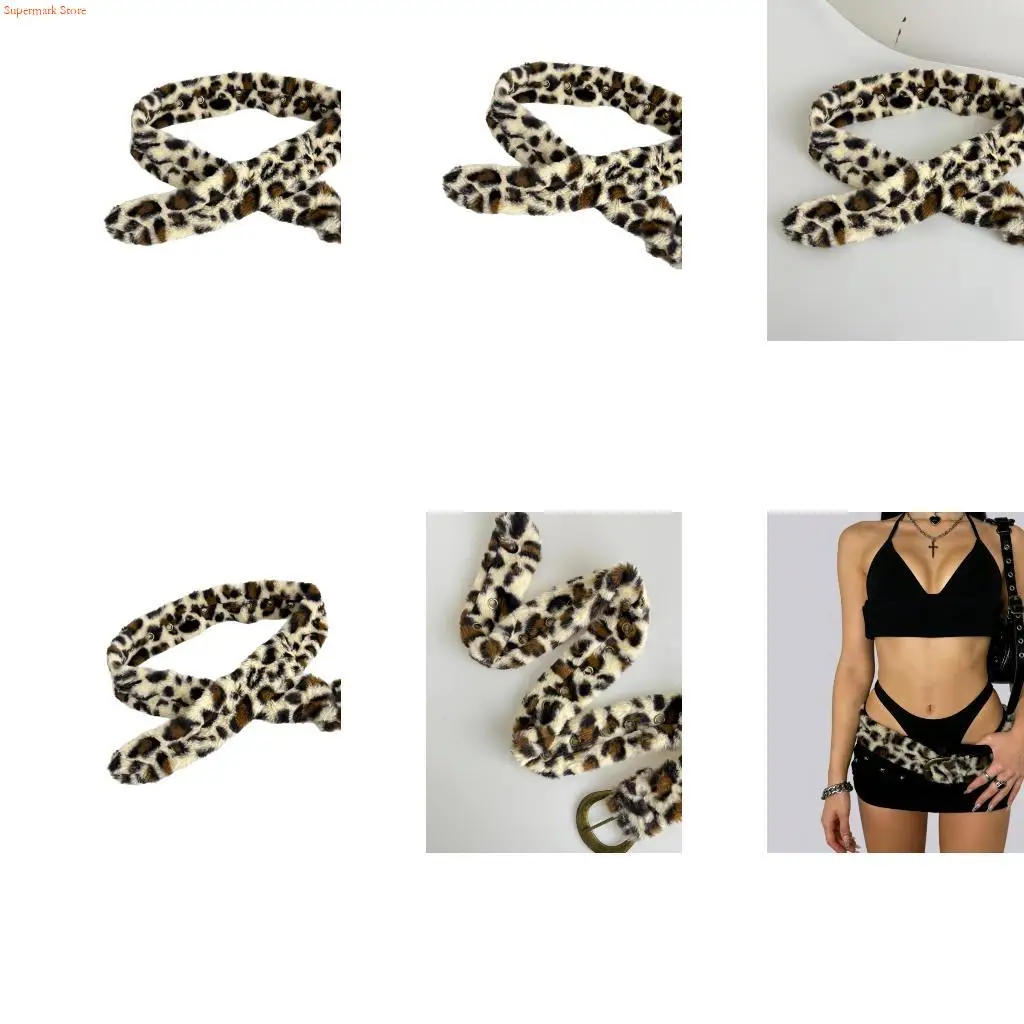 Q5WE Fashionable Retro Leopard Pattern PU Leather Plush Belt Adjustable Length Up To 120cm For Casual Or Daily Outfits