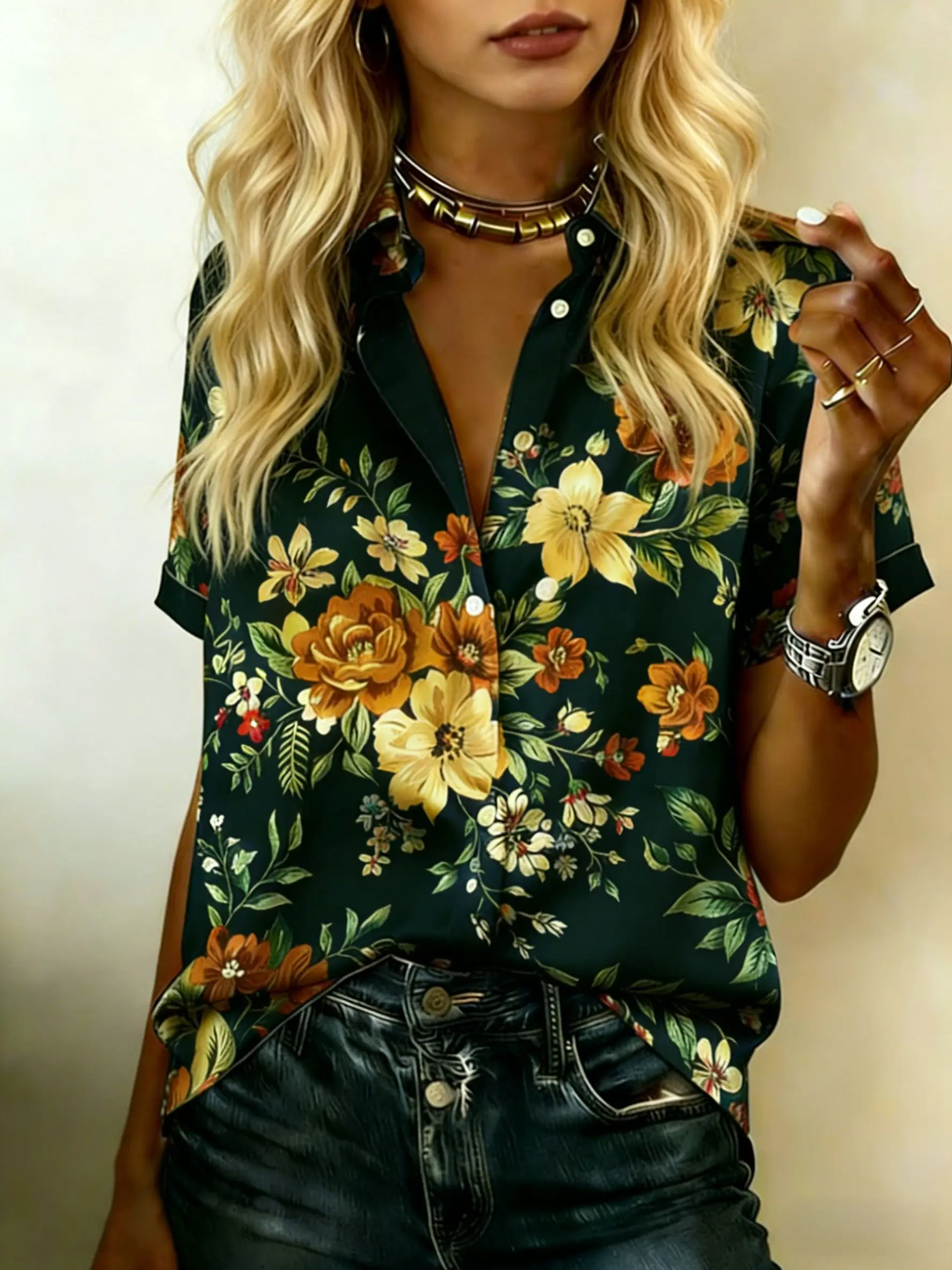 

Women's Dark Green Vintage Floral Print Button Down Shirt, Casual Collared Tops for Spring Summer Daily Vacation Wear