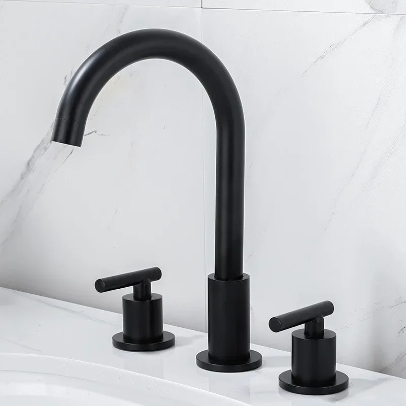 Brushed gold all-copper bathroom faucet, three-hole split basin mixer, hot and cold splash-proof basin faucet