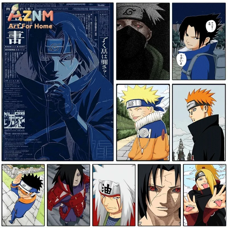 Naruto Canvas Wall Art Blue Manga Newspaper Style Sasuke Portrait Print MultiCharacter Collection For Teen Boys Bedroom Unframed