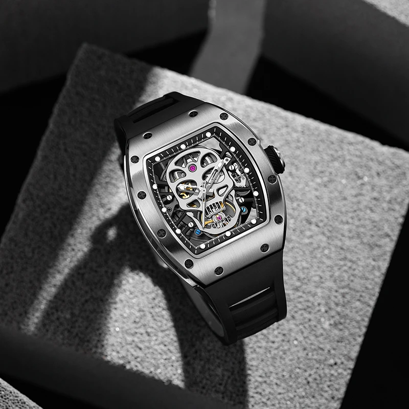 Fashionable Automatic Movement Mechanical Watch for Men Hollow Design High Quality Waterproof Mens Stylish Tonneau Rel