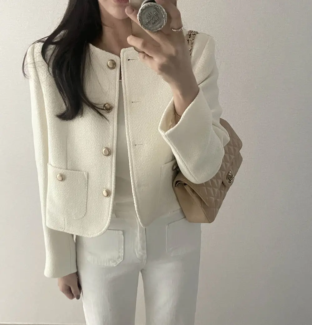 

Women Wool Short Coat French Metal Single Breasted Loose Commuting Chic Autumn Coarse Wool Versatile Long Sleeve Suit Jacket