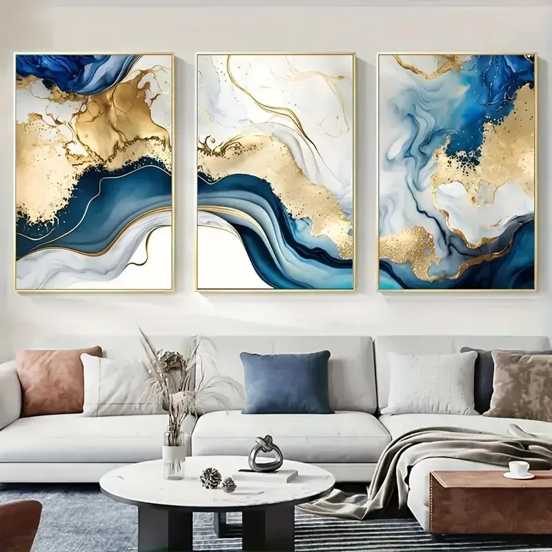 3pcs/set Modern Abstract Canvas Print Posters, Golden Blue Marble Canvas Paintings, Wall Art, Wall Decor, Artwork Wall Painting