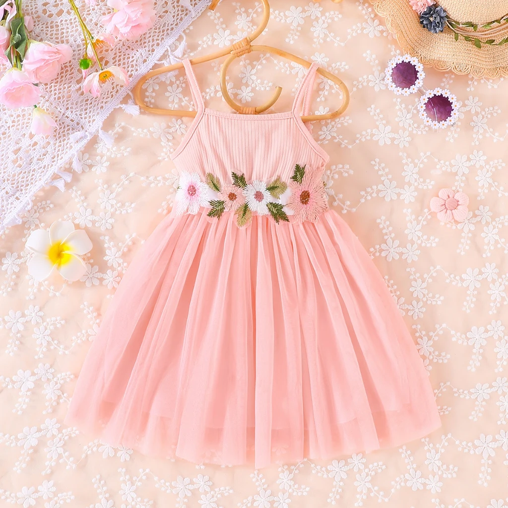 Dress For Kids 2-7 Years old Birthday Fashion Cute Floral Belt Tulle Suspender Princess Casual Dresses For Baby Girl