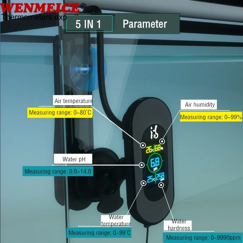 Alat Ukur Kualitas Air Digital TLD Intelligent TDS/EC/PH/Kelembaban/Suhu untuk Akuarium