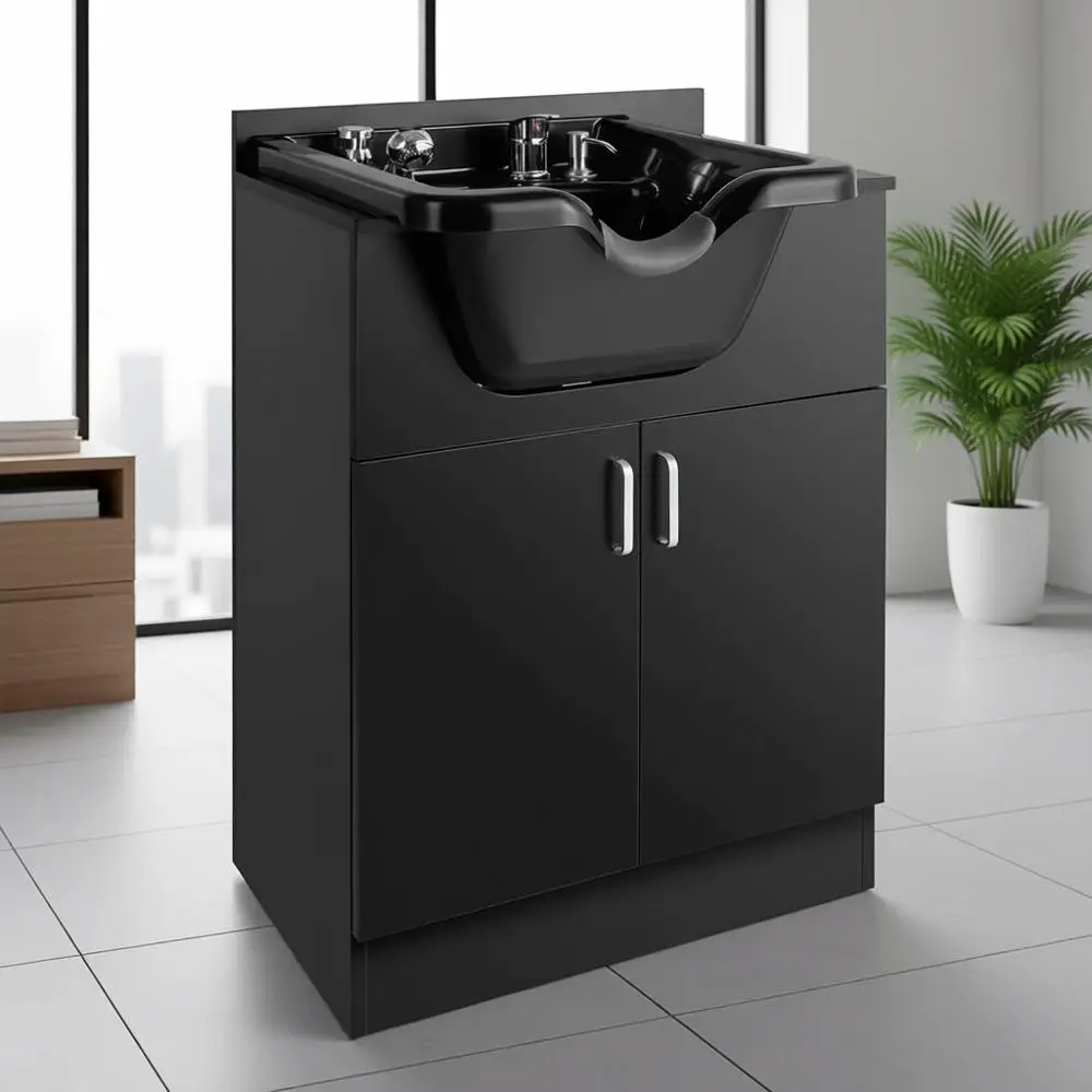 Black Shampoo Station with Bowl and Backwash Sink for Salon and Barber Use