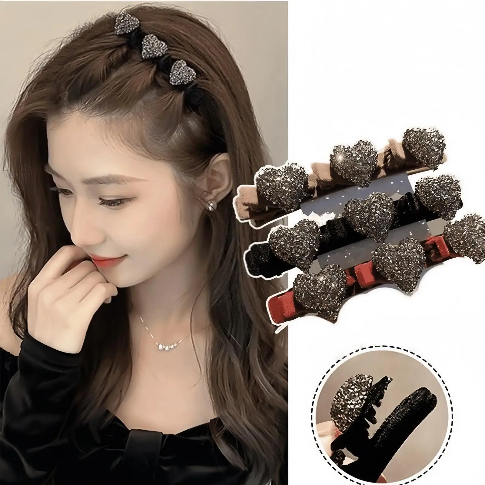 

Нескользящие заколки с хрустальным камнем, флокированная челка, боковой зажим, заколки для плетения волос с кристаллами в форме сердца, заколки, аксессуары для волос