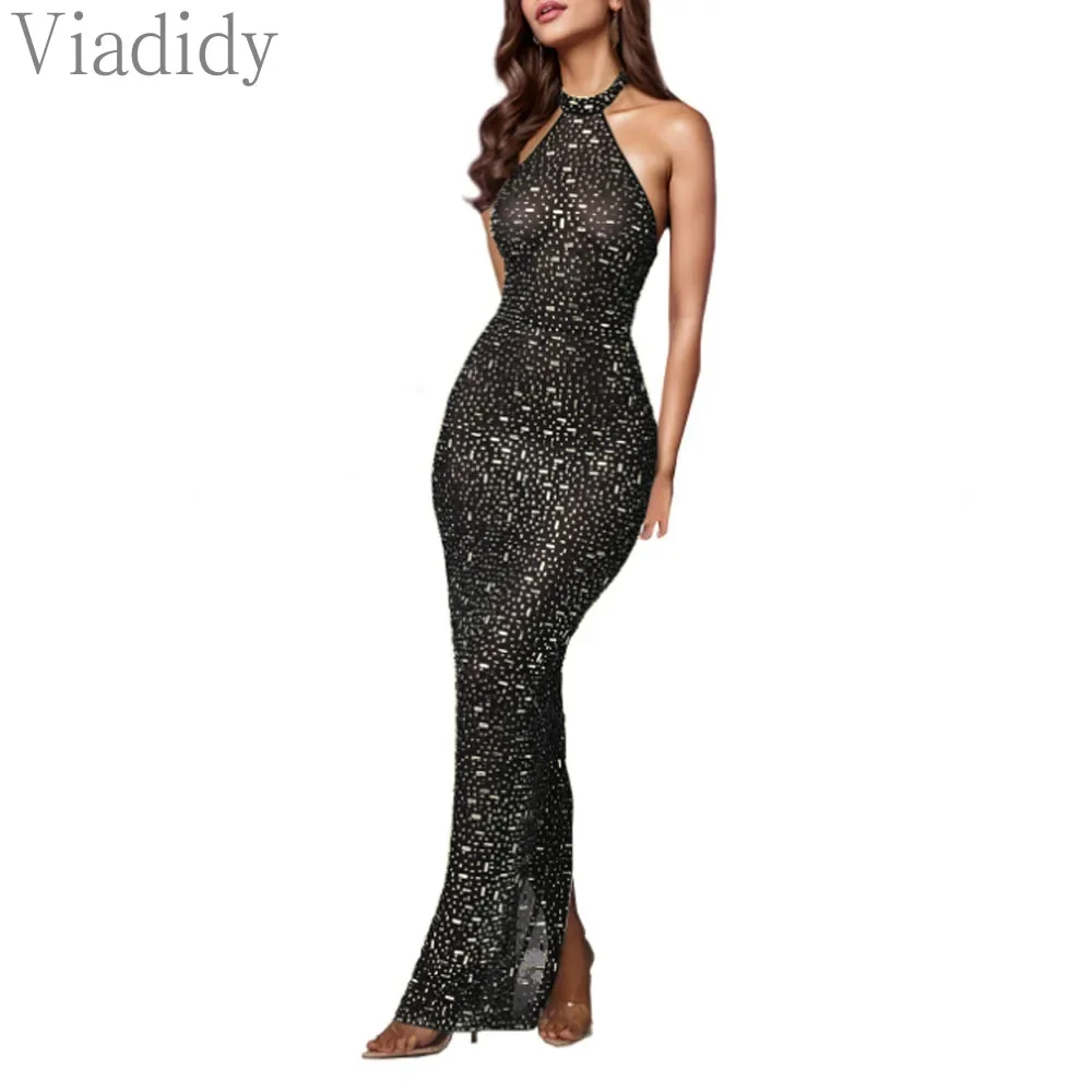 女性のセクシーなシースルーメッシュバックレスラインストーン装飾ホルターフロアレングスパーティードレス