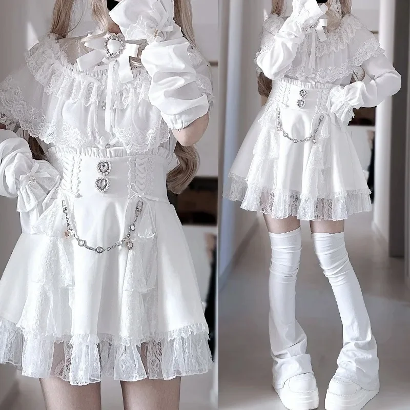 

Милая женская юбка Faldas Mujer De Moda 2022, японская юбка трапециевидной формы с высокой талией Saia, лоскутная кружевная цепочка, шикарные летние мини-юбки