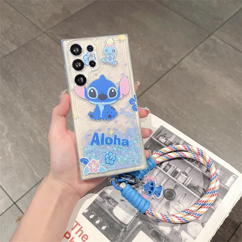 Funny Ghostface Stitch Bling Glitter Quicksand Phone Case For Samsung S21 S22 S23 S24Plus Ultra S23FE Cute Stitch Lanyard