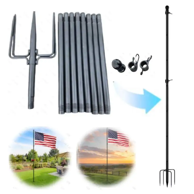 11/12FT In Ground Flag Poles for Outside House - Fit for 1 Flags Extra Thick Flag Pole Kit with 5 Prongs Base, Ground FlagPoles