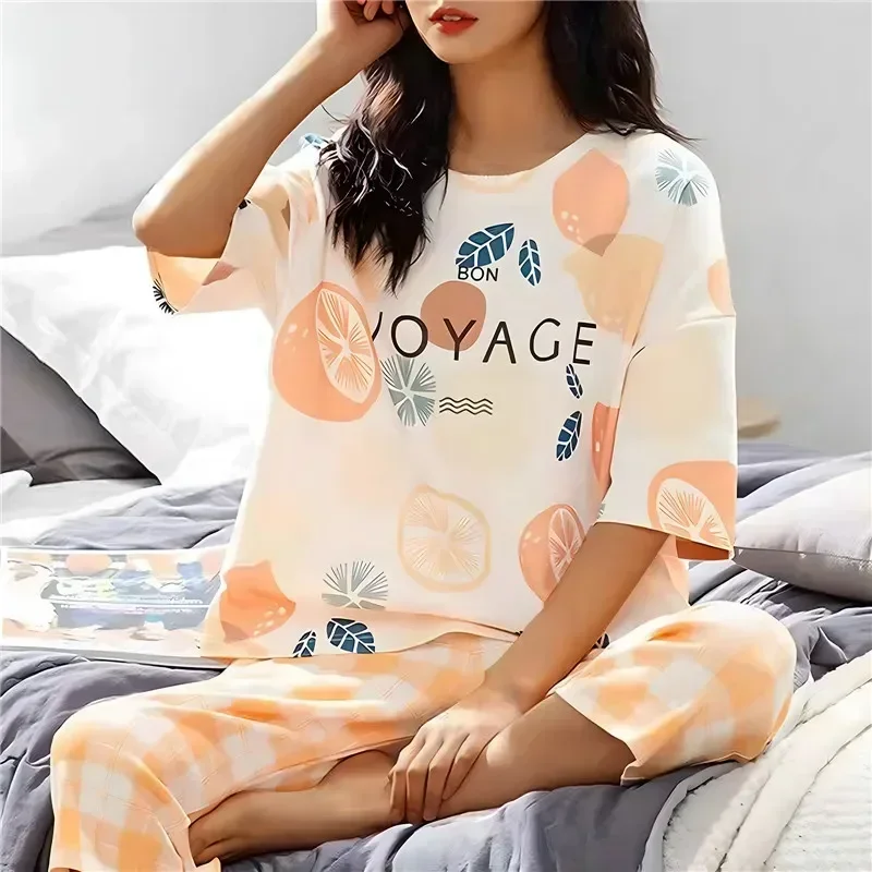 Fashion Cartoon Sets Capris Pajama Polyester Sleepwear Summer Pyjamas Sleep Plaid Lounge Short-sleeved Women Home