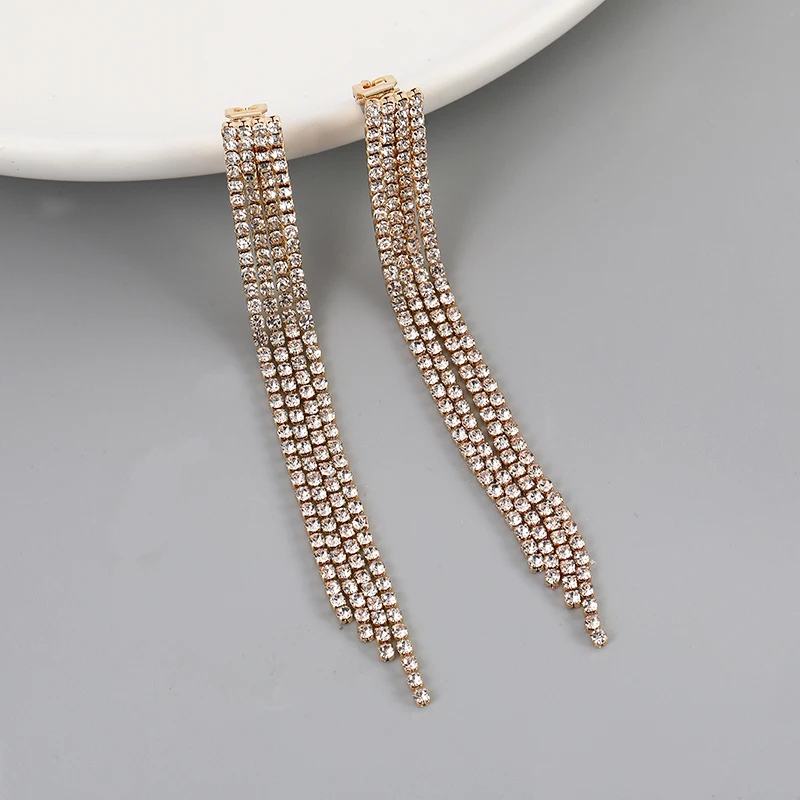 Minimalist Luxury Colorful Rhinestone Long Tassel Clip on Earrings for Women Bridal Non Pierced Dangling Earrings Party Jewelry