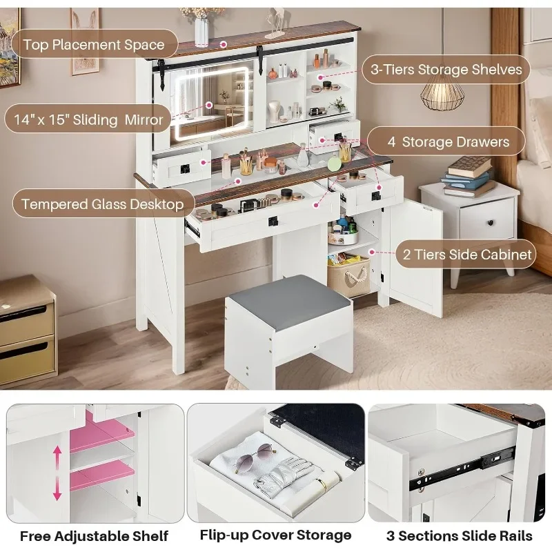 Redlife Farmhouse Vanity Desk with Sliding Mirror and Lights, Vanity Set with Stool & Charging Station & Jewelry Cabinet - 46