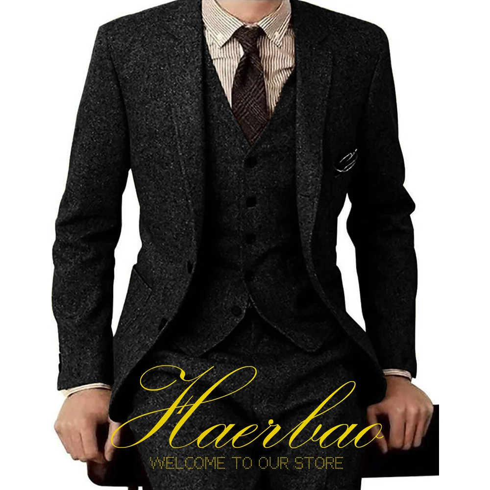 Men's Suit Business Slim Fit Jacket Vest Pants Three-Piece Set Herringbone Vintage Blazer Male Formal Clothing