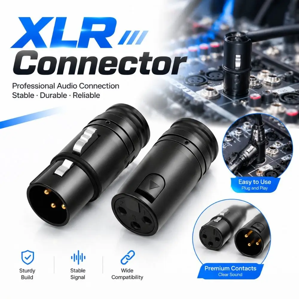 DIY Audio Plug XLR Connector Black Metal Shell Locking Right Angle XLR Adapter Compact Low Profile Gold Plated Contacts