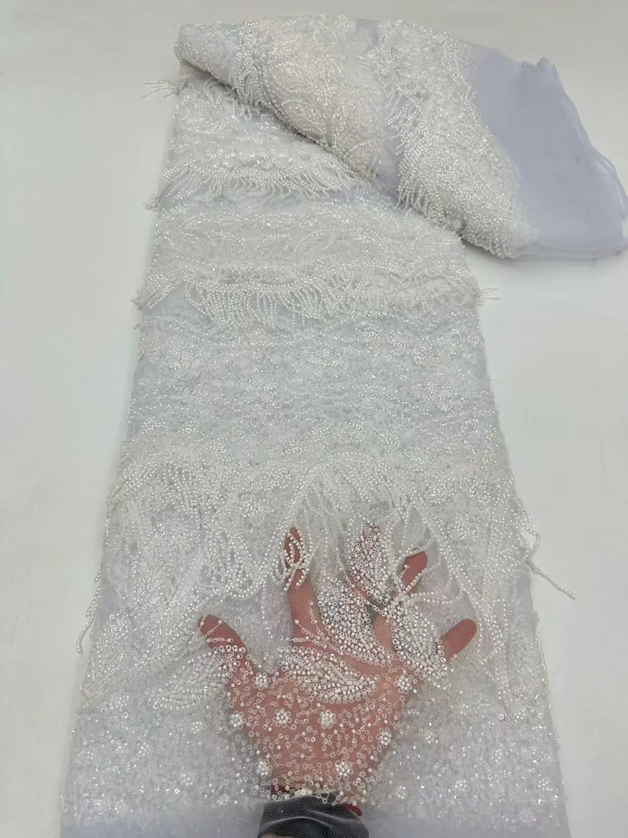 

White African Nigerian Tulle Lace Fabric,Luxury tassel beaded,Sequins Handmade Embroidery Mesh Lace,Wedding Party Dress G139-1