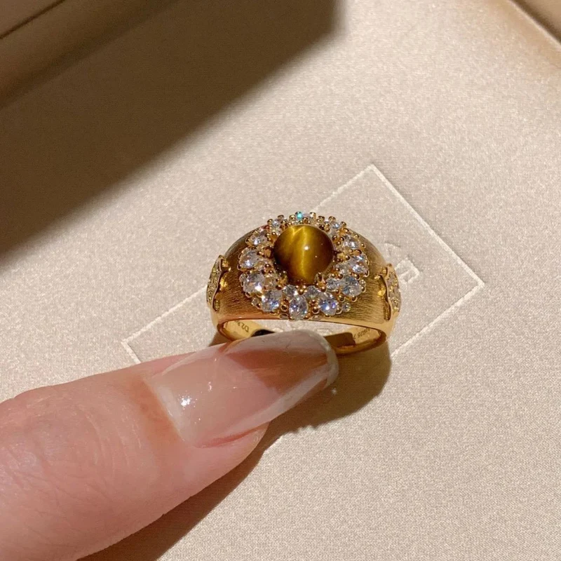 Retro Brushed Natural Tiger Eye Crystal Ring Light Luxury High-end feel Super Sparkling Micro Inlaid Version Index Finger Rings