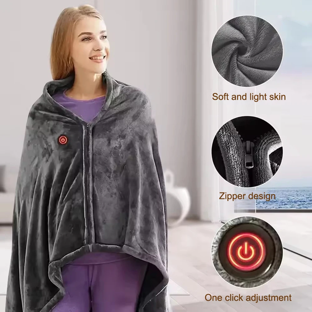 Winter USB Heating Blanket 3-gear Adjustable Temperature Wearable Warmer Blanket Washable Coral Flannel Heated Mat for Office