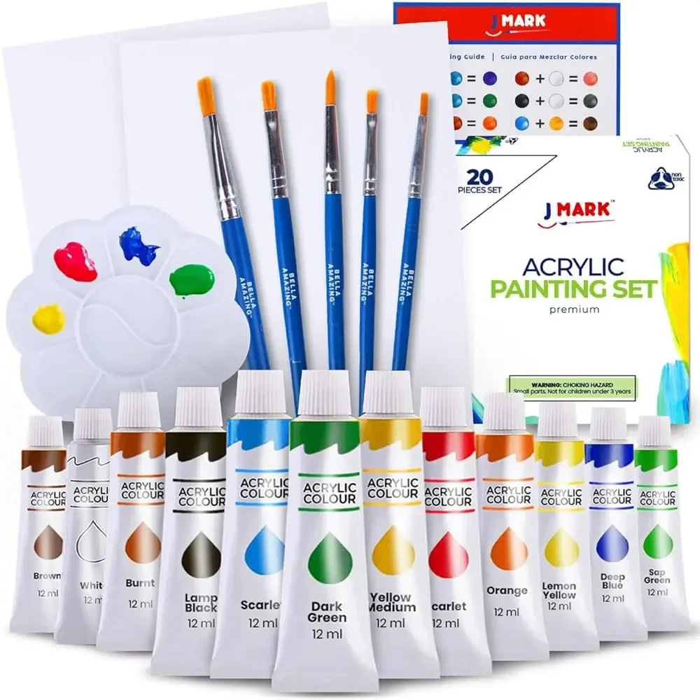 Painting Kit Includes Acrylic Paint Set, 8 x 10 in. Canvases, Brushes, Palette and Color Mixing Guide