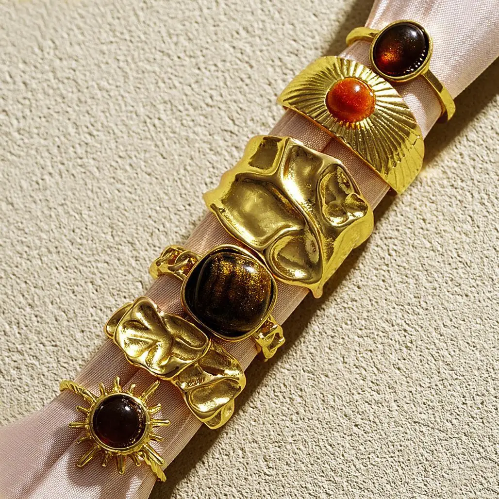 

6Pcs/Set Vintage Sun Flower Tiger Eye Stone Rings for Women Irregular Gold Color Aesthetic Open Rings Fashion Jewelry Gifts