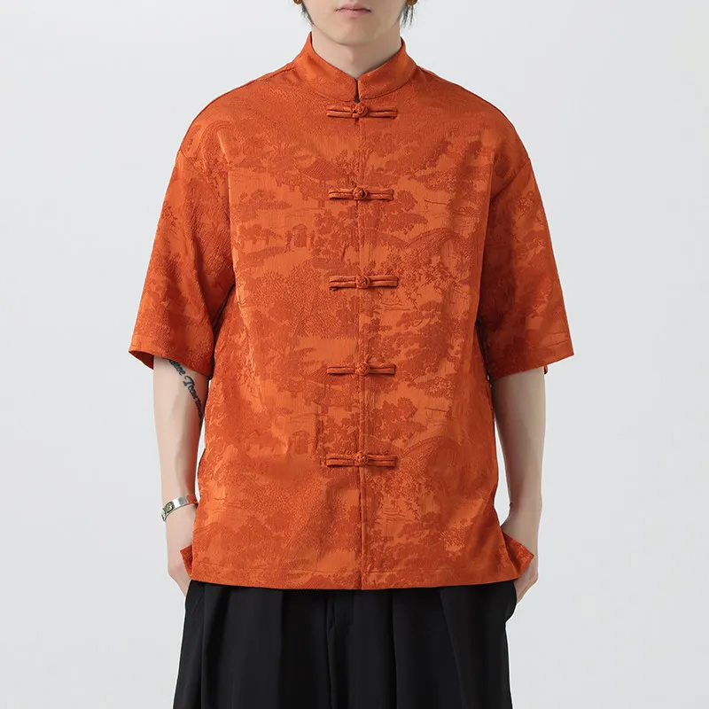 Men New Chinese Style Short Sleeve Shirt Men Texture Dark Pattern Hanfu Blouse Traditional Frog Buttons Retro Tang Suit Tops
