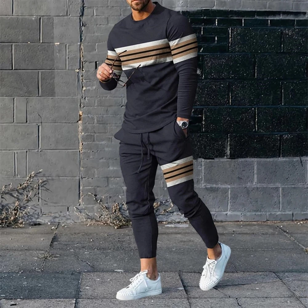 2024 New Men High Quality Long Sleeve Set for Man 3D Fashion Design Printed T-Shirt Long Pants 2Pcs Outfit Clothing Sport Suit