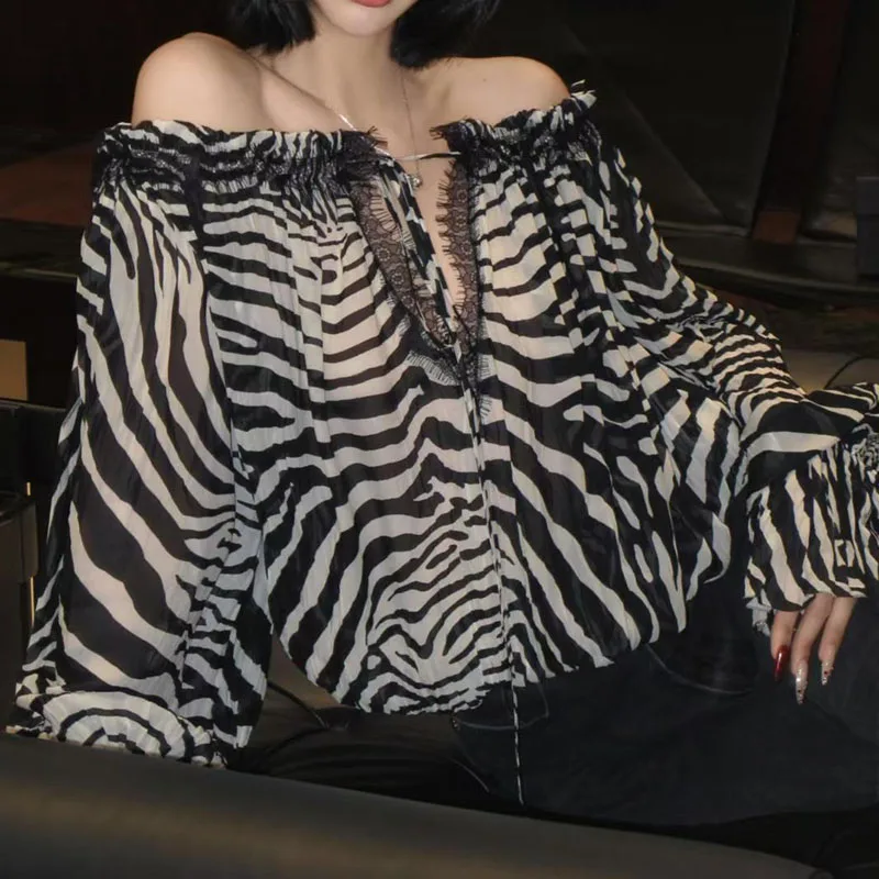 

Women's chiffon off-the-shoulder top, loose-fitting blouse with puff sleeves, casual and versatile cover-up, 2026, new style,y2k