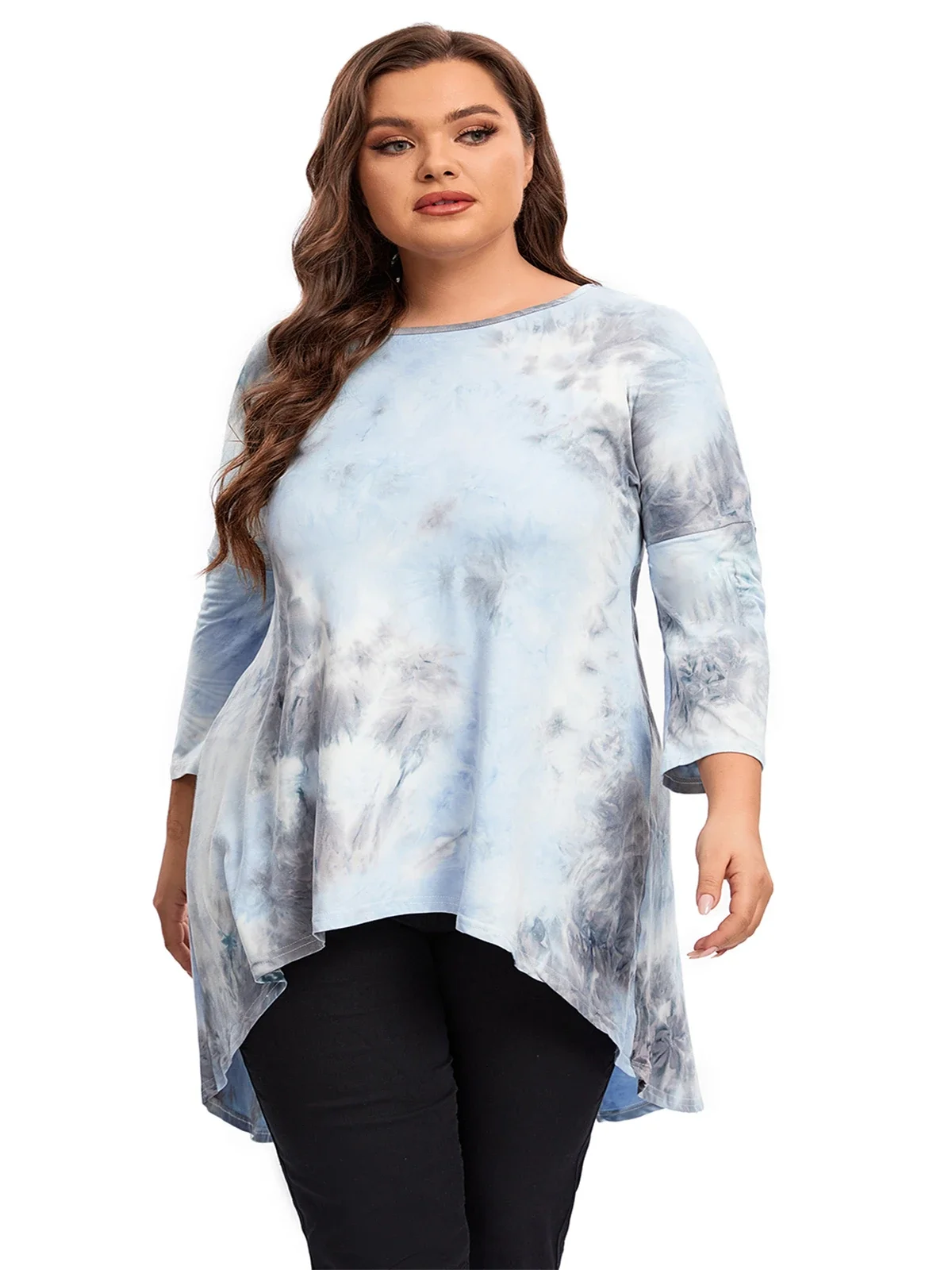 

Plus Size Long Sleeve Elegant Tie Dye Tunic Tops Long Loose Autumn Hi Low Swing Blouse T-shirt Plus Size Clothing Women 6XL 7XL