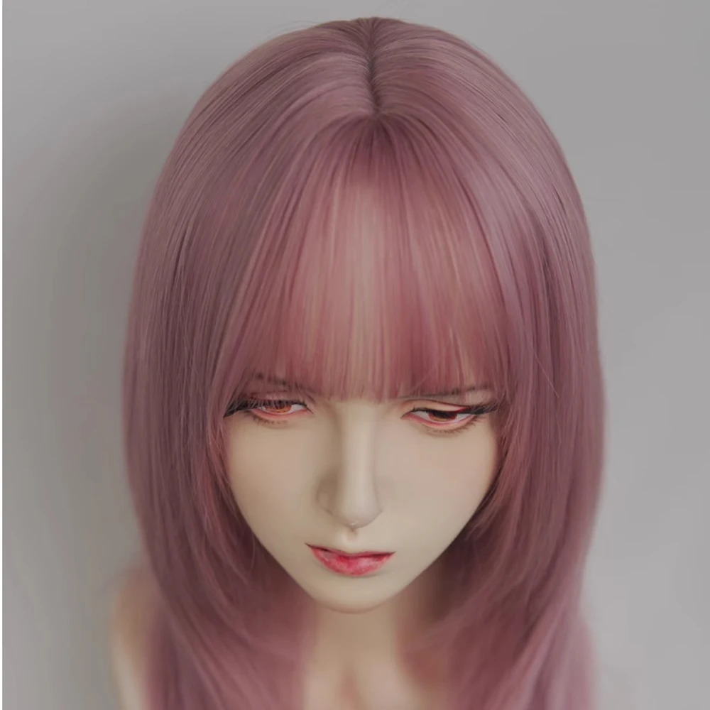 Synthetic Pink Purple Medium Long Straight Wigs with Bangs Women Natural Lolita Cosplay Wolf Tail Hair Wig for Daily Party