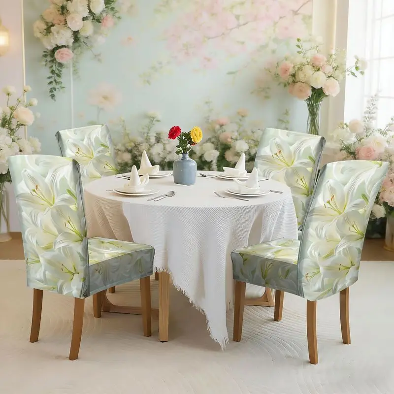

Набор чехлов для обеденных стульев с плоским принтом и рисунком белых лилий, легко устанавливается, можно стирать, чехол для стула.