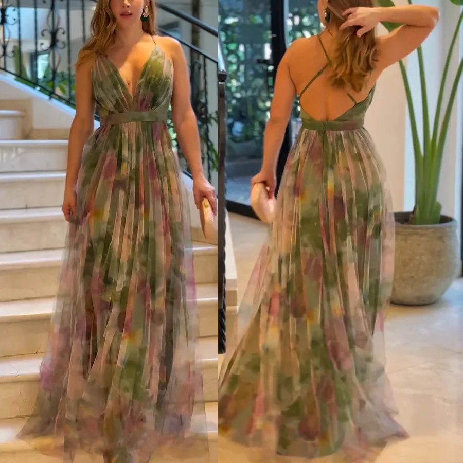 

Vacation And Casual Dress Sleeveless Suspender Long Skirt Spring And Summer New Mesh Printed Dress Pullover Women's Party Dress