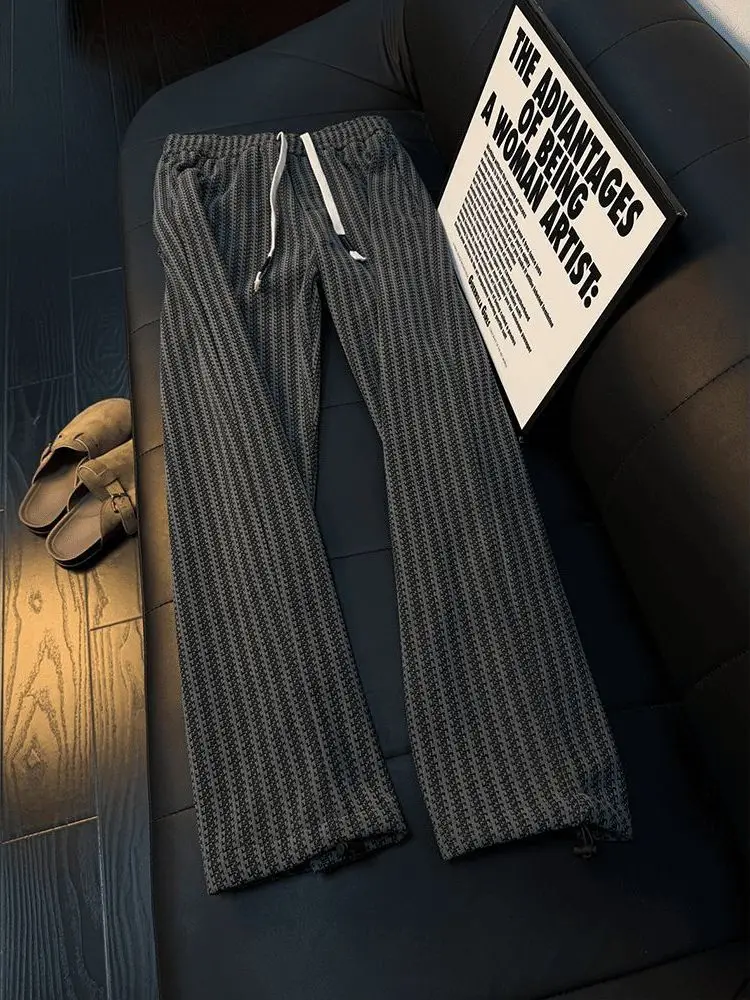 

Мужские модные полосатые брюки прямого кроя, зимние теплые повседневные брюки свободного кроя на флисовой подкладке, удобные длинные брюки с поясом