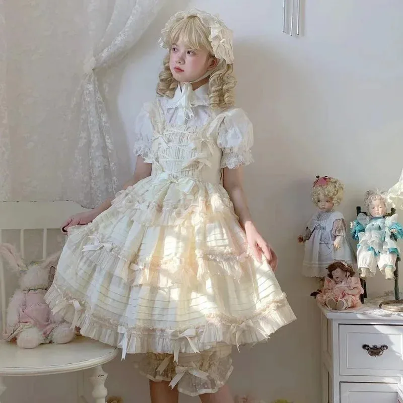 

qq78Request7Summer Japanese Sweet Lolita Straped Dresses Female Girls TALI Contrast Bow JSK Women Lace Loli Kawaii Dress